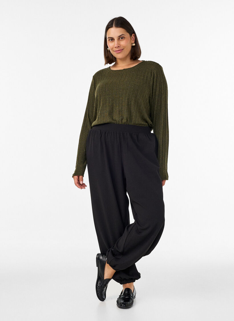 Jersey blouse with ribbed structure and long sleeves, Green, Model image number 1