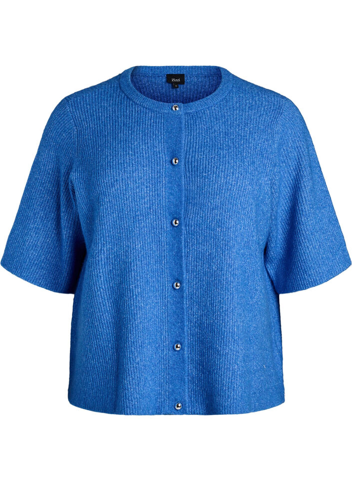 Short-sleeved knit cardigan with shiny ball buttons, Light Blue, Packshot image number 0