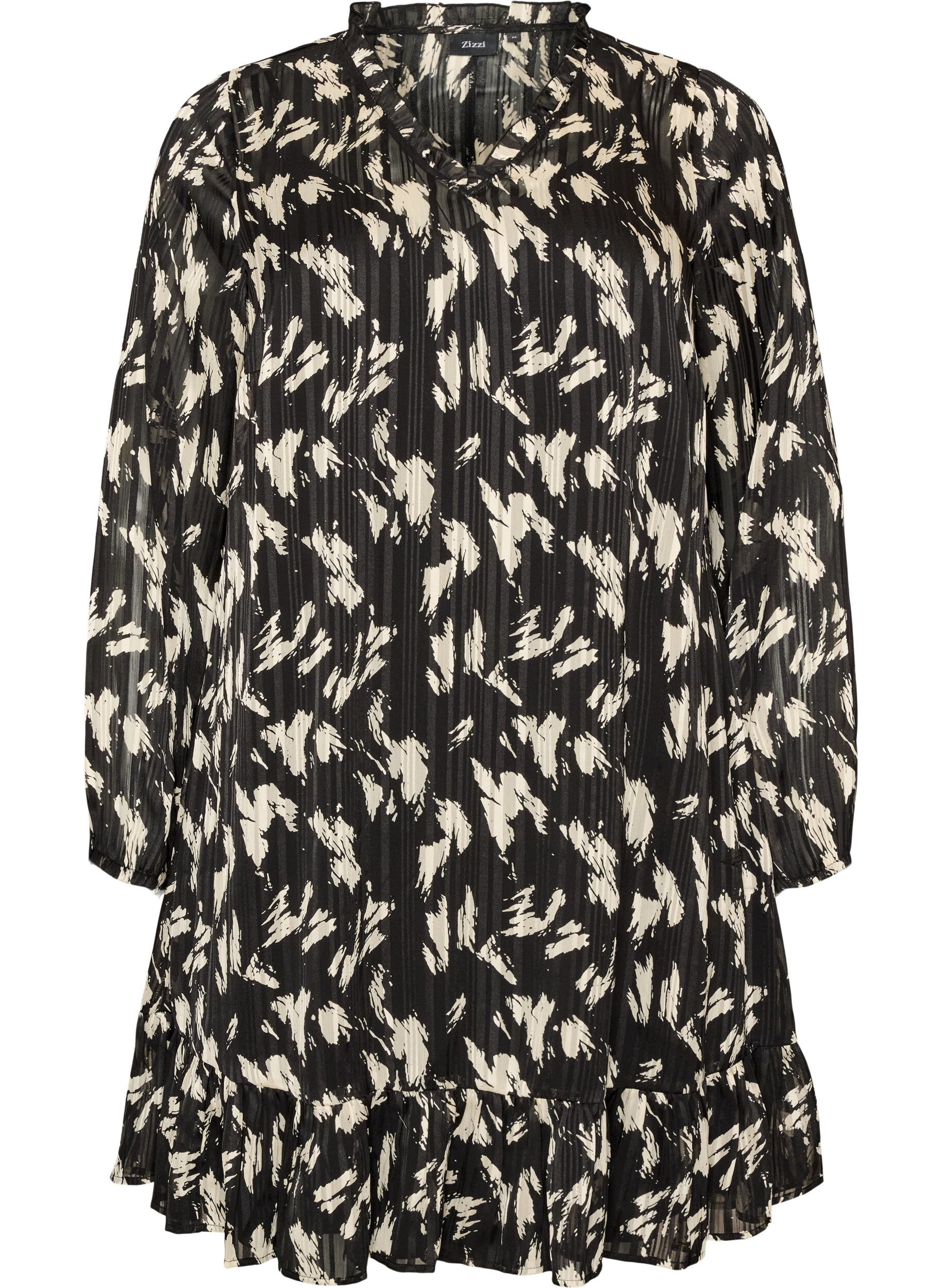 ZizzifashionPatterned dress with ruffles and long sleeves, Black, Packshot image number 0