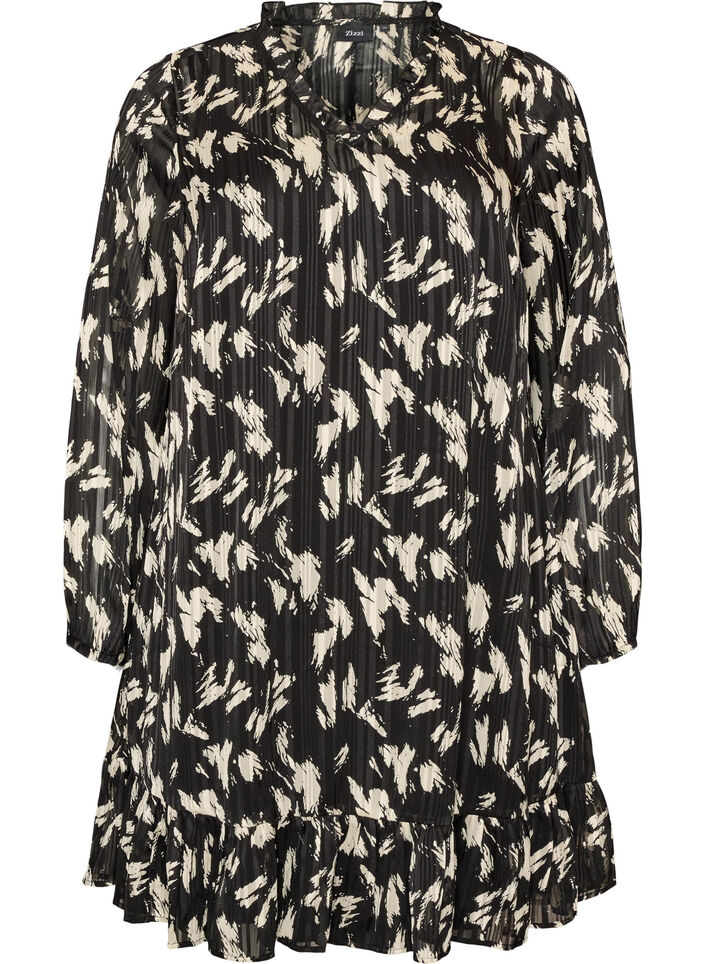 Patterned dress with ruffles and long sleeves, Black, Packshot image number 0