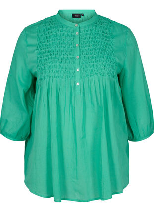 Cotton blouse with 3/4 sleeves and smock, Holly Green, Packshot image number 0