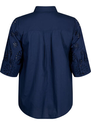 Shirt blouse with embroidery anglaise and 3/4 sleeves, Navy Blazer, Packshot image number 1