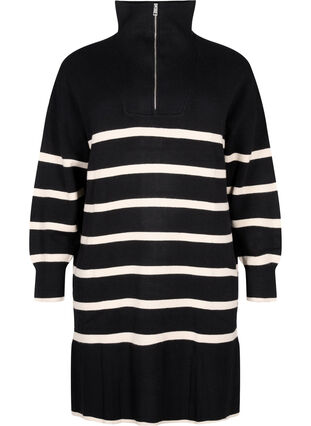 Striped knit dress with high collar and zipper, Black w. Birch, Packshot image number 0
