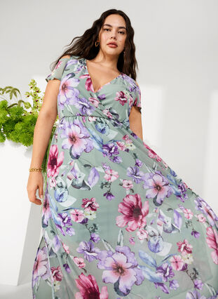 Floral maxi dress with shoulder detail - Green - Sz. 40-64 - Zizzifashion Floral maxi dress with shoulder detail - Green - Sz. 40-64 - Zizzifashion