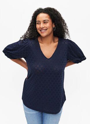 V-neck blouse with hole pattern, Navy Blazer, Model image number 0