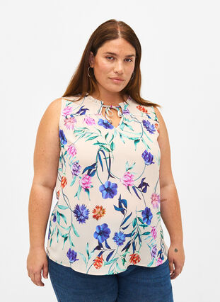 Floral top with tie detail, Buttercream Blue Fl., Model image number 0