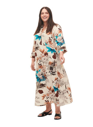 Floral print viscose shirt dress, Brown Flower AOP, Model image number 3