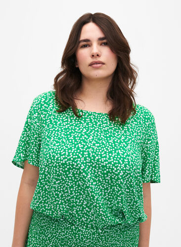 FLASH - Short sleeve viscose blouse with print, Bright Green Wh.AOP, Model image number 0