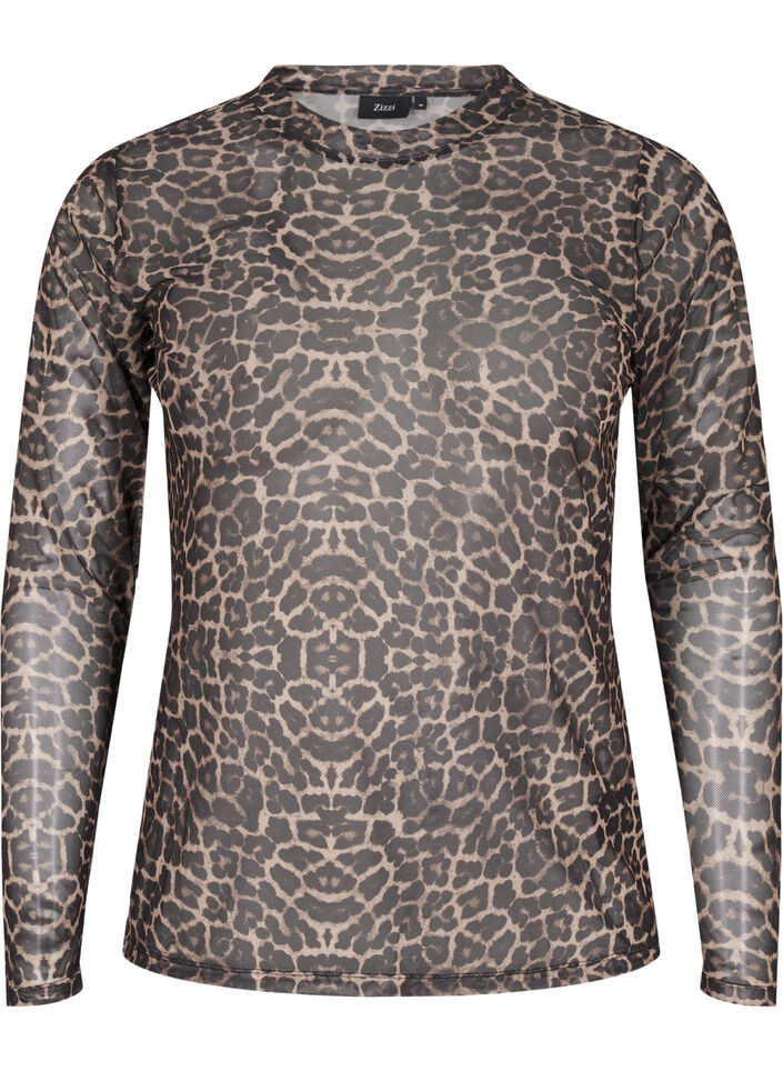 Mesh blouse with leopard pattern, Brown, Packshot image number 0