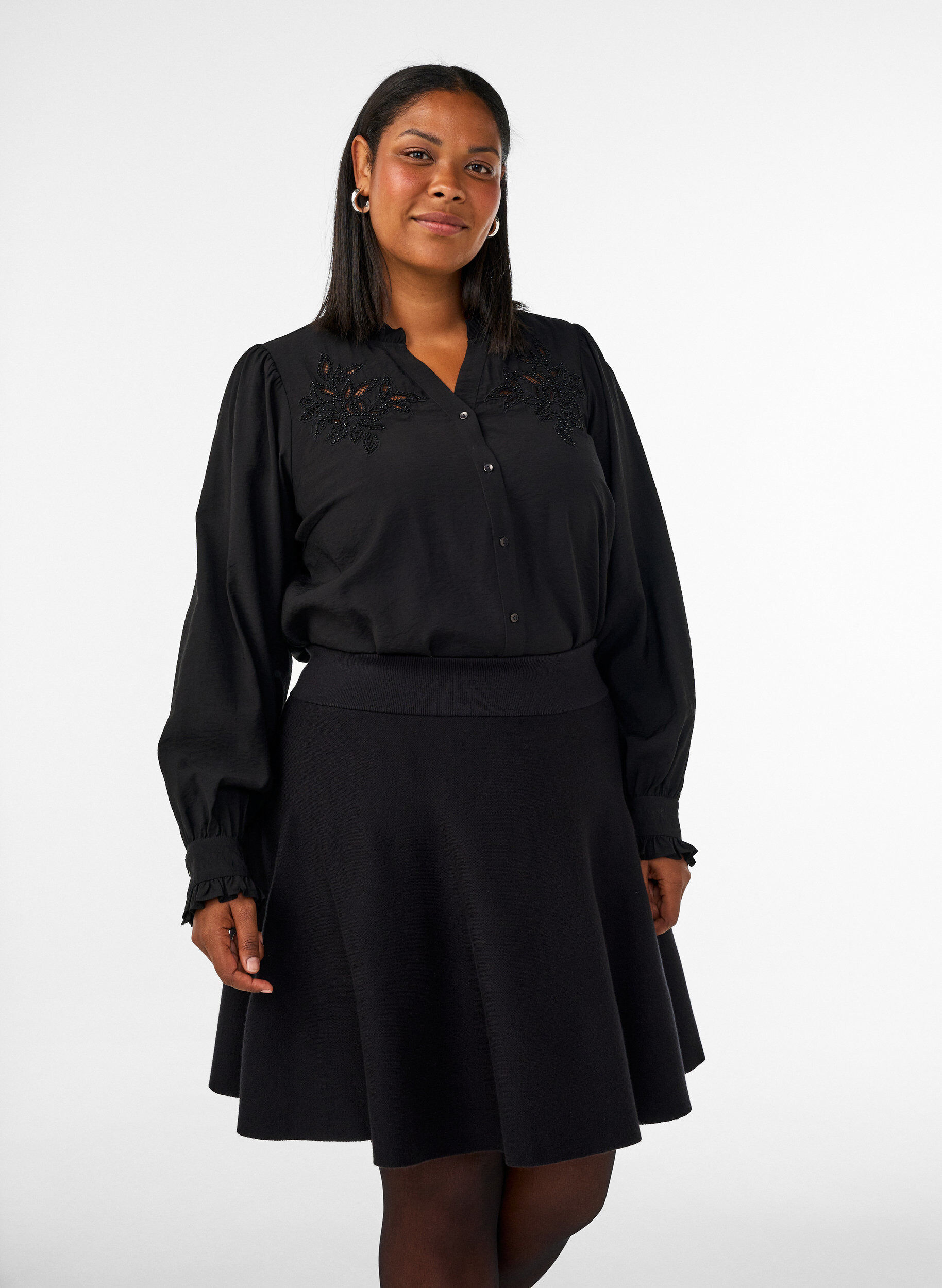 ZizzifashionShort knitted A-line skirt, Black, Model image number 0