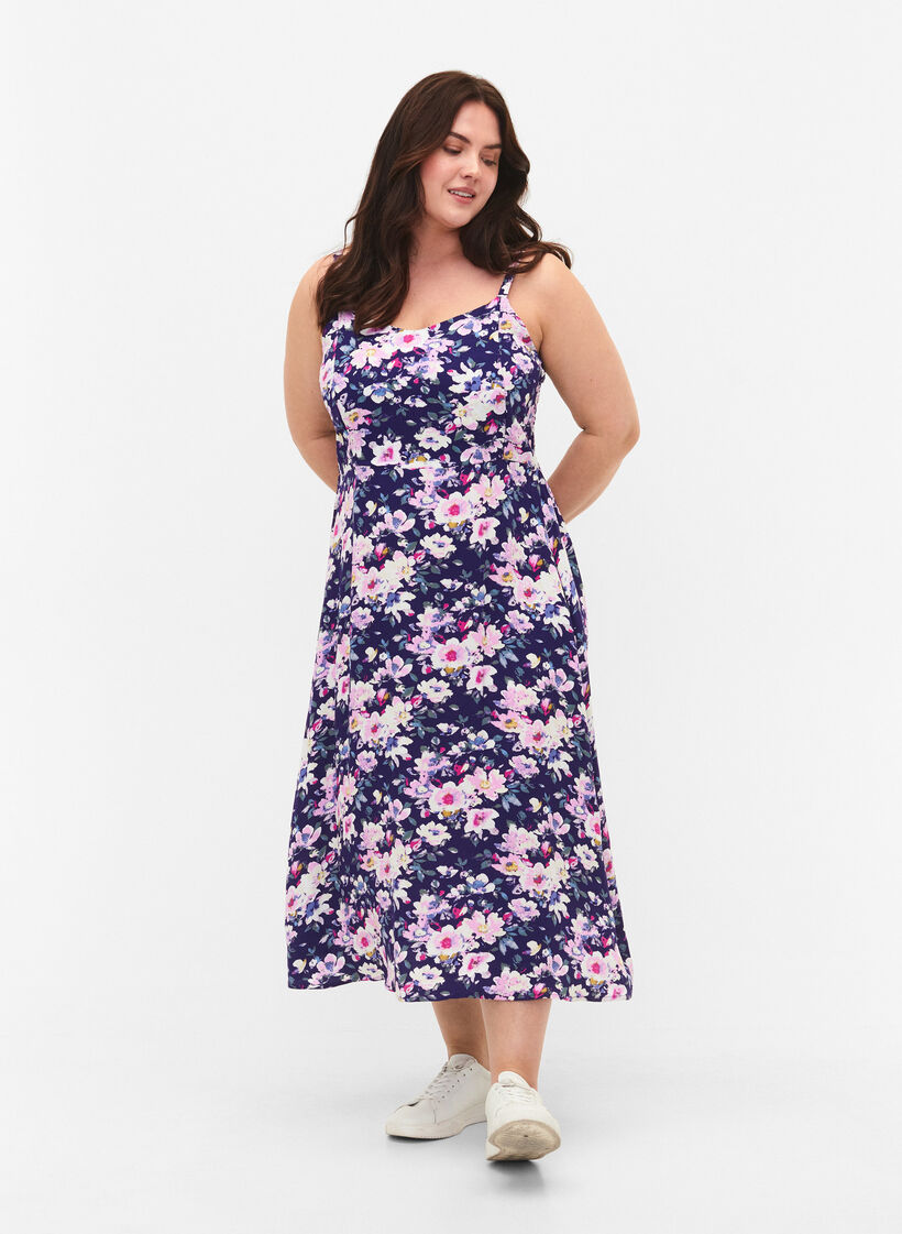 Floral viscose strap dress with smocking, Blue Flower, Model image number 0