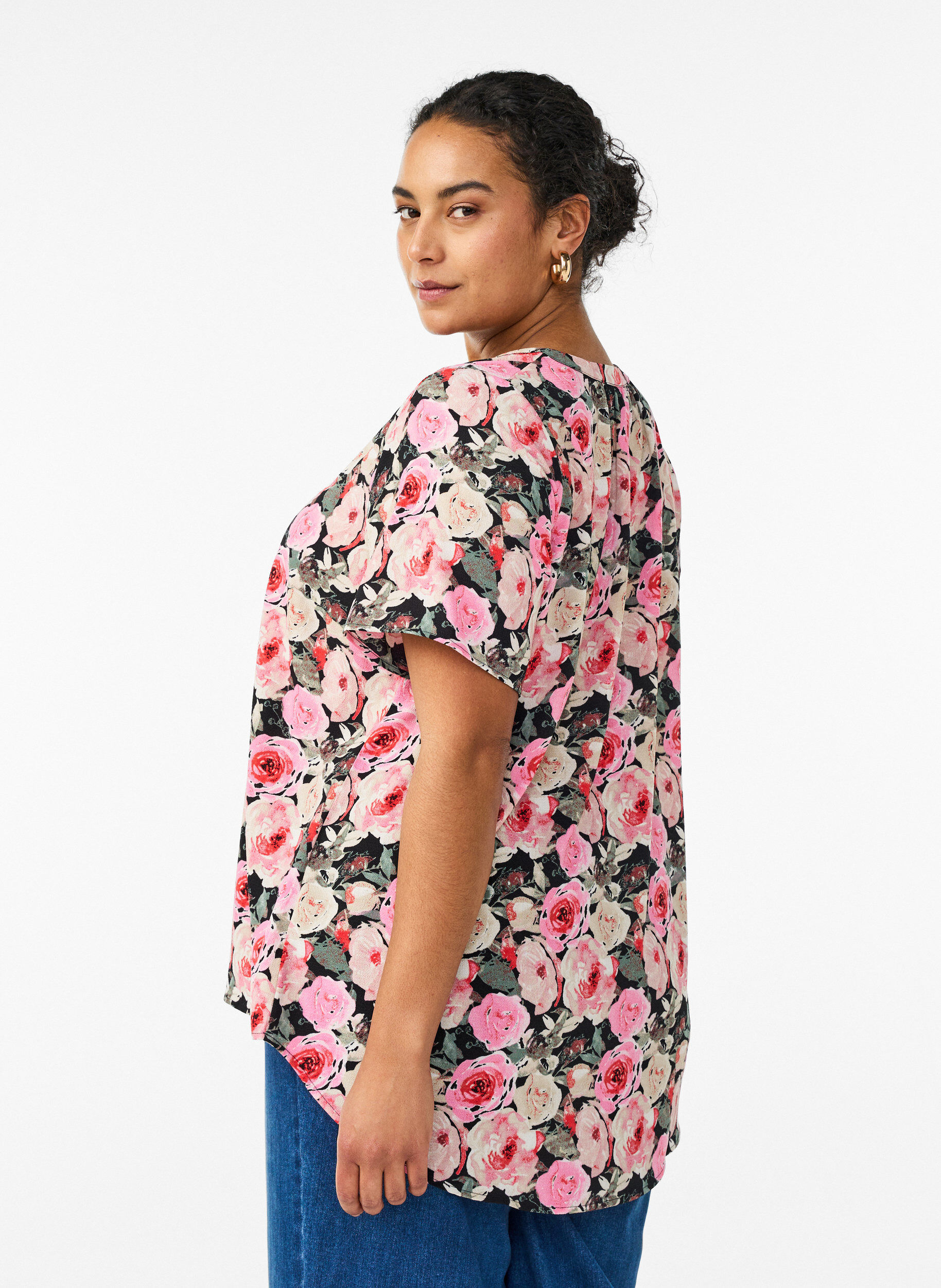 Zizzifashion Blouse with short sleeves and v-neck, Rose, Model image number 2