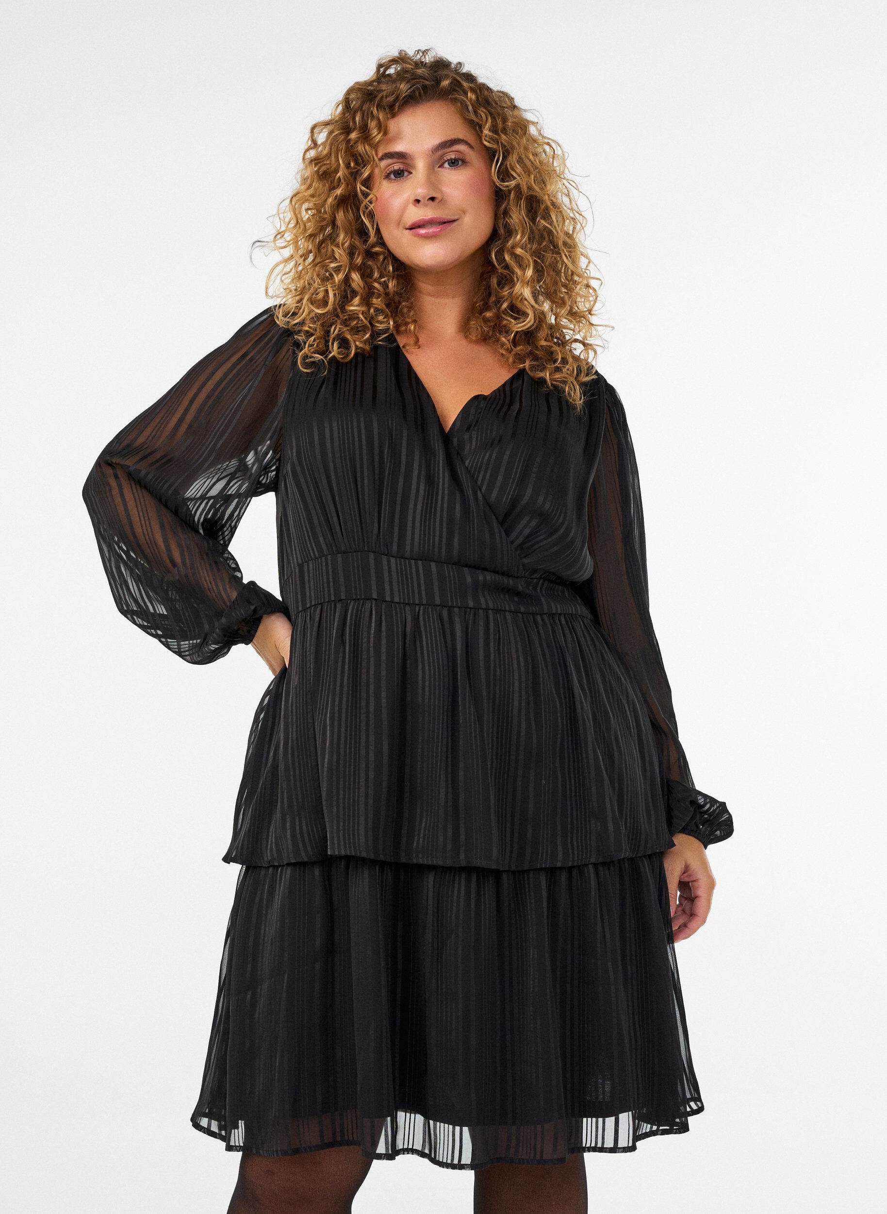 ZizzifashionKnee-length dress with sheer stripes and wrap effect, Black, Model image number 0