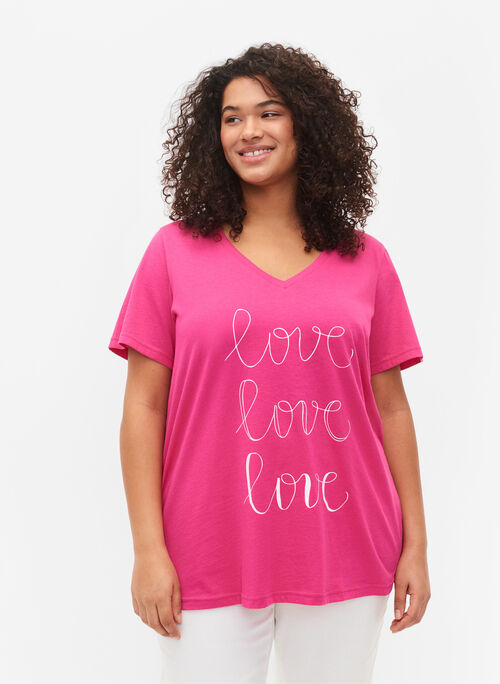 Cotton t-shirt with v-neck and print, Fuchsia Purple Love, Model