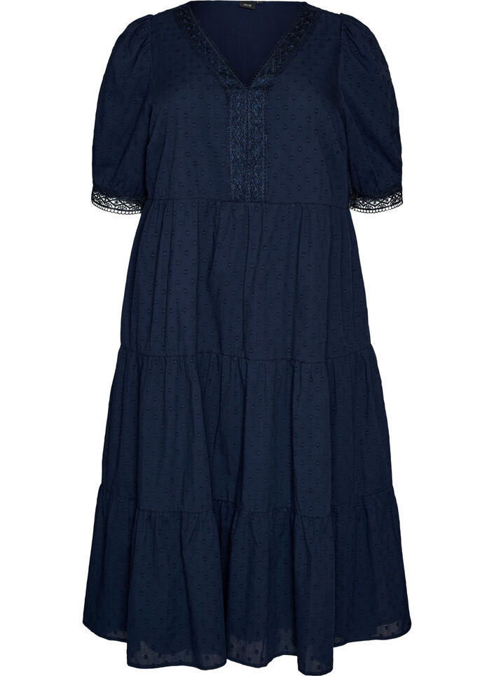 Textured cotton midi dress with crochet details, Blue, Packshot image number 0