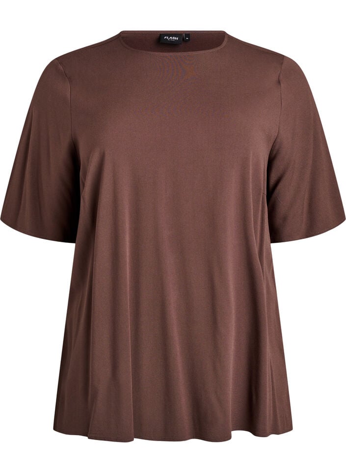 FLASH - Short-sleeved woven blouse with round neck, Brown, Packshot image number 0