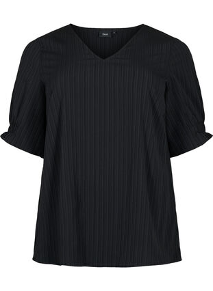 Striped blouse with short sleeves, Black, Packshot image number 0
