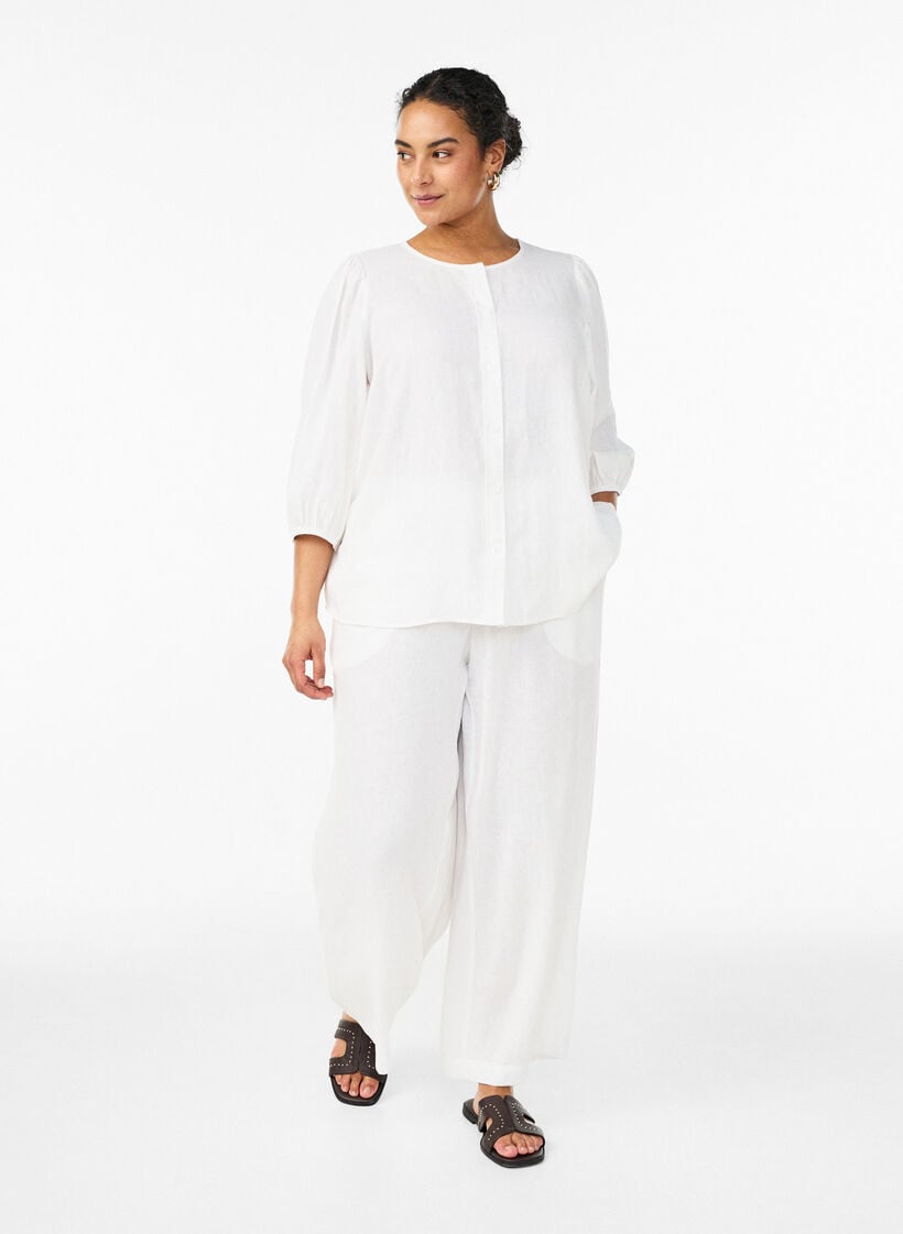 Shirt blouse in linen and viscose with 3/4-sleeves, White, Model image number 1