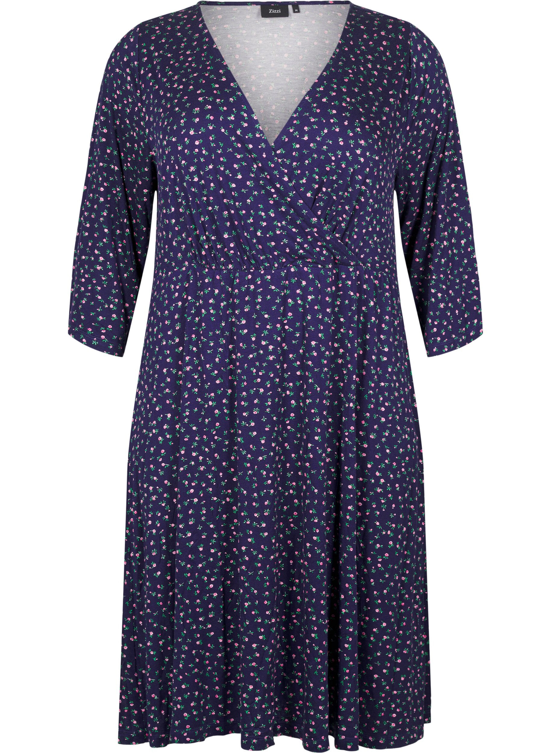 Zizzifashion Floral wrap dress with 3/4 sleeves, Evening Blue Ditsy, Packshot image number 0