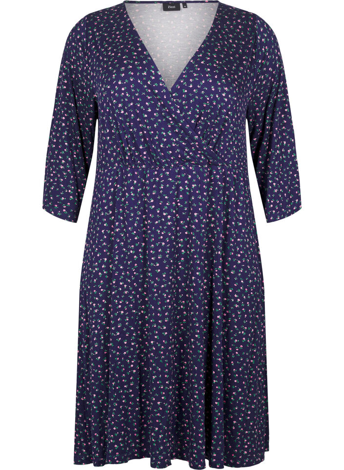 Floral wrap dress with 3/4 sleeves, Evening Blue Ditsy, Packshot image number 0