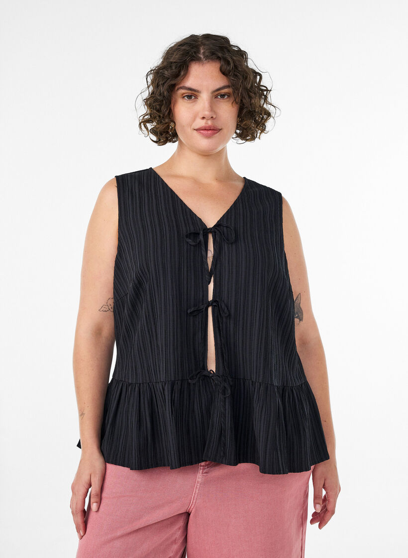Sleeveless blouse with texture and a tie fastening, Black, Model image number 0