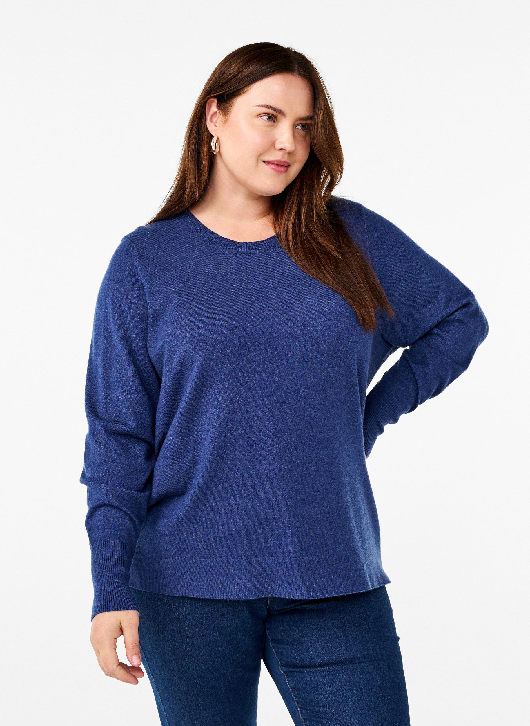 Zizzifashion Knitted blouse with a round neck, Blue, Model image number 0
