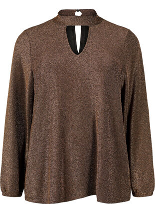 Long-sleeved glitter blouse with round neck and V-detail, Black Copper, Packshot image number 0
