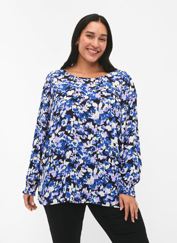 FLASH - Long sleeved blouse with smock and print, Blue Purple Flower, Model image number 0