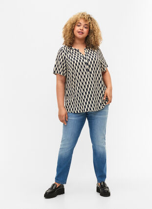 Blouse with short sleeves and v-neck, Oval AOP, Model image number 2