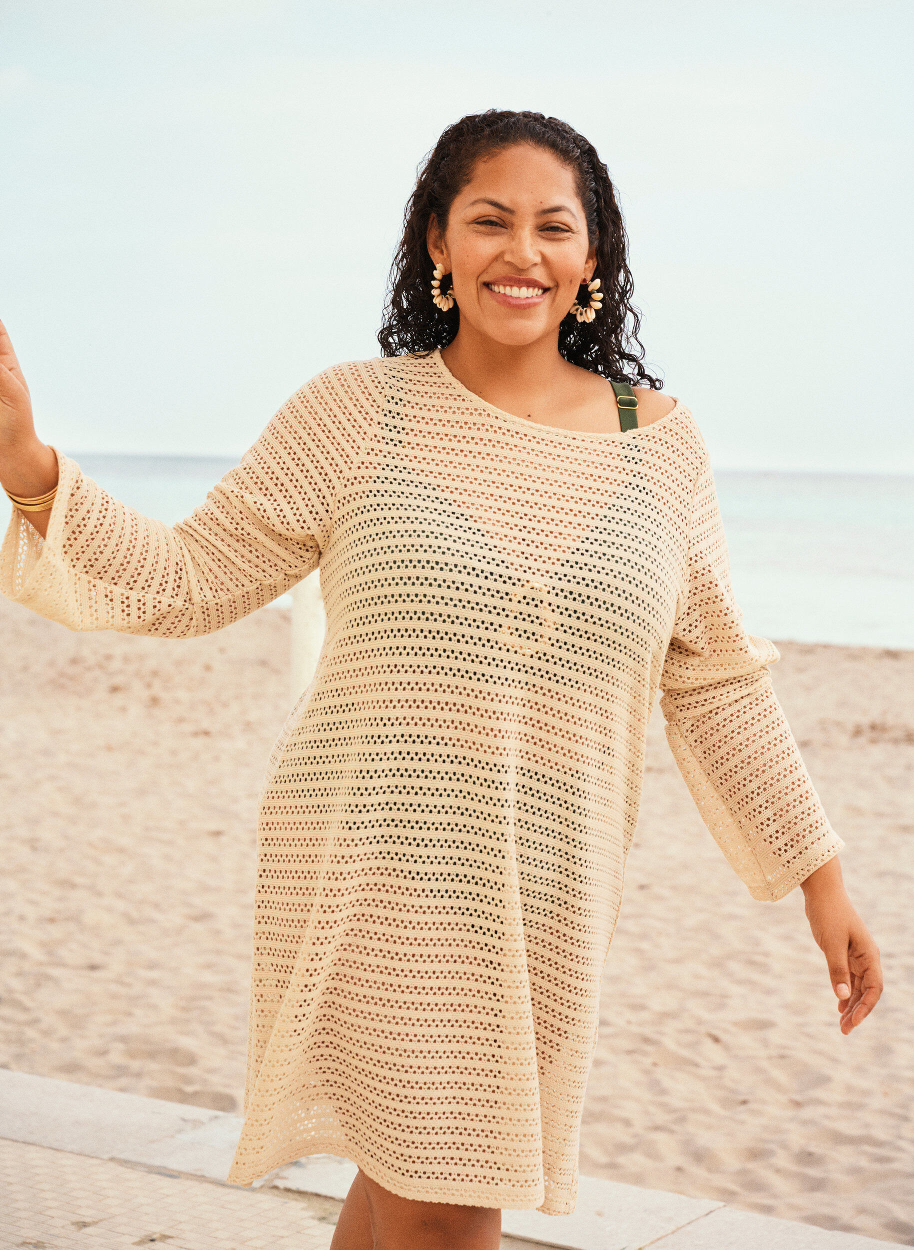 Zizzifashion Beach dress with eyelet embroidery and long sleeves, Beige, Image image number 0