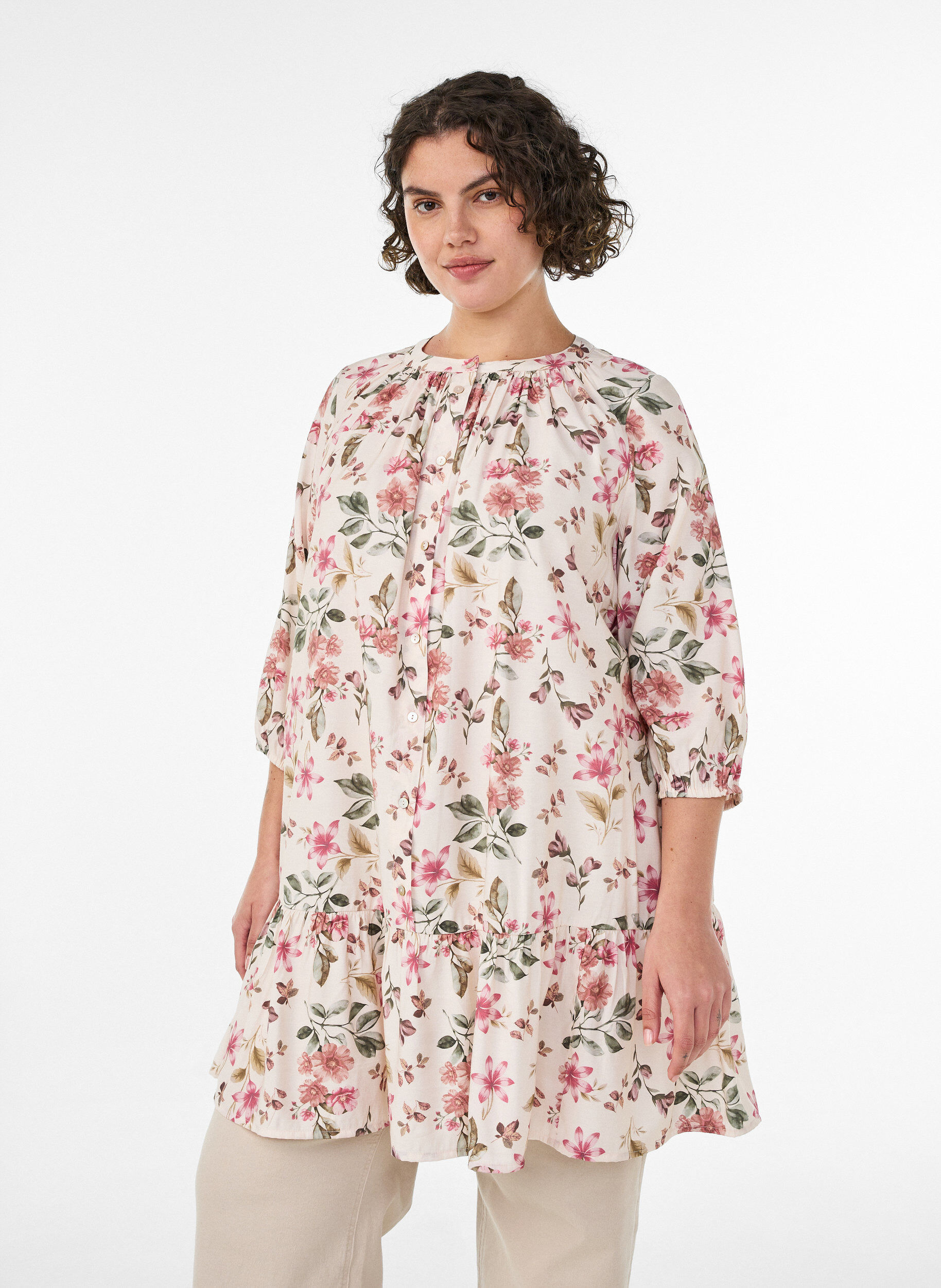 ZizzifashionA-line tunic in viscose with 3/4 sleeves, Vanilla, Model image number 0