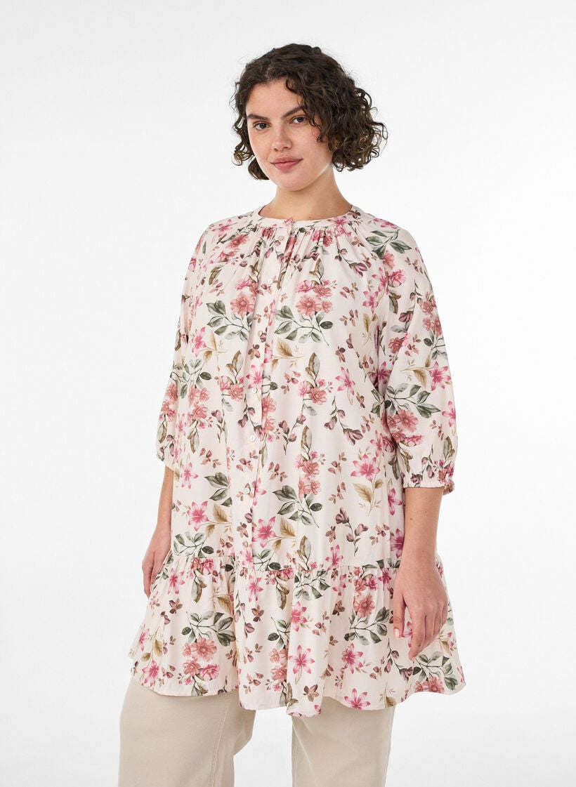 A-line tunic in viscose with 3/4 sleeves, Vanilla, Model image number 0