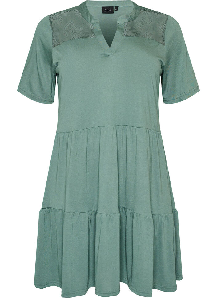 Jersey dress with lace details and a layered skirt, Green, Packshot image number 0