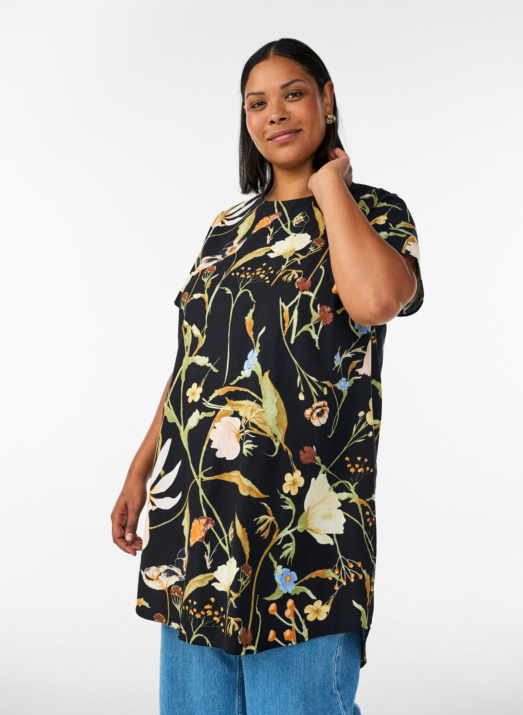 ZizzifashionCotton tunic with a floral print, Black, Model image number 0