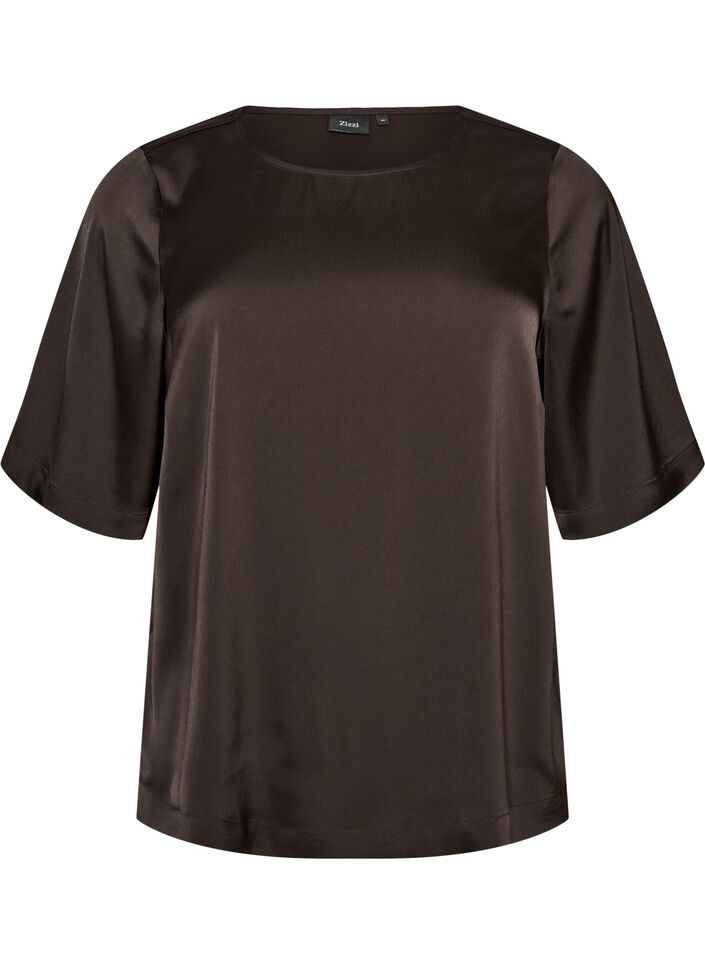 Satin blouse with elbow-length sleeves, Brown, Packshot image number 0