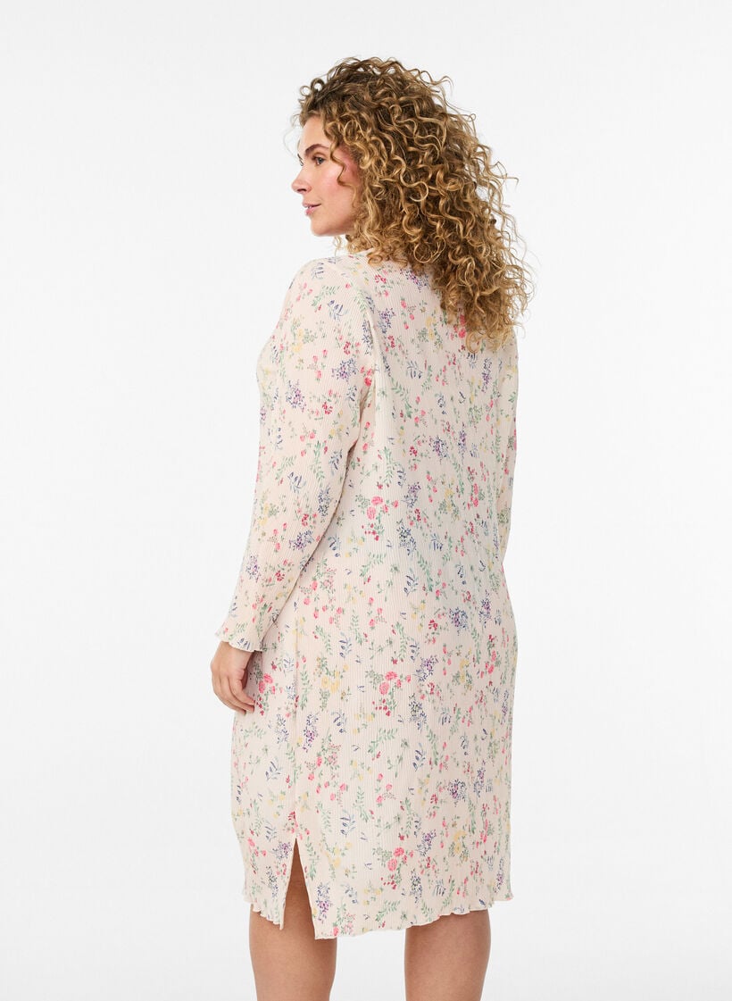 Dress with floral print and wavy texture, Beige, Model image number 2