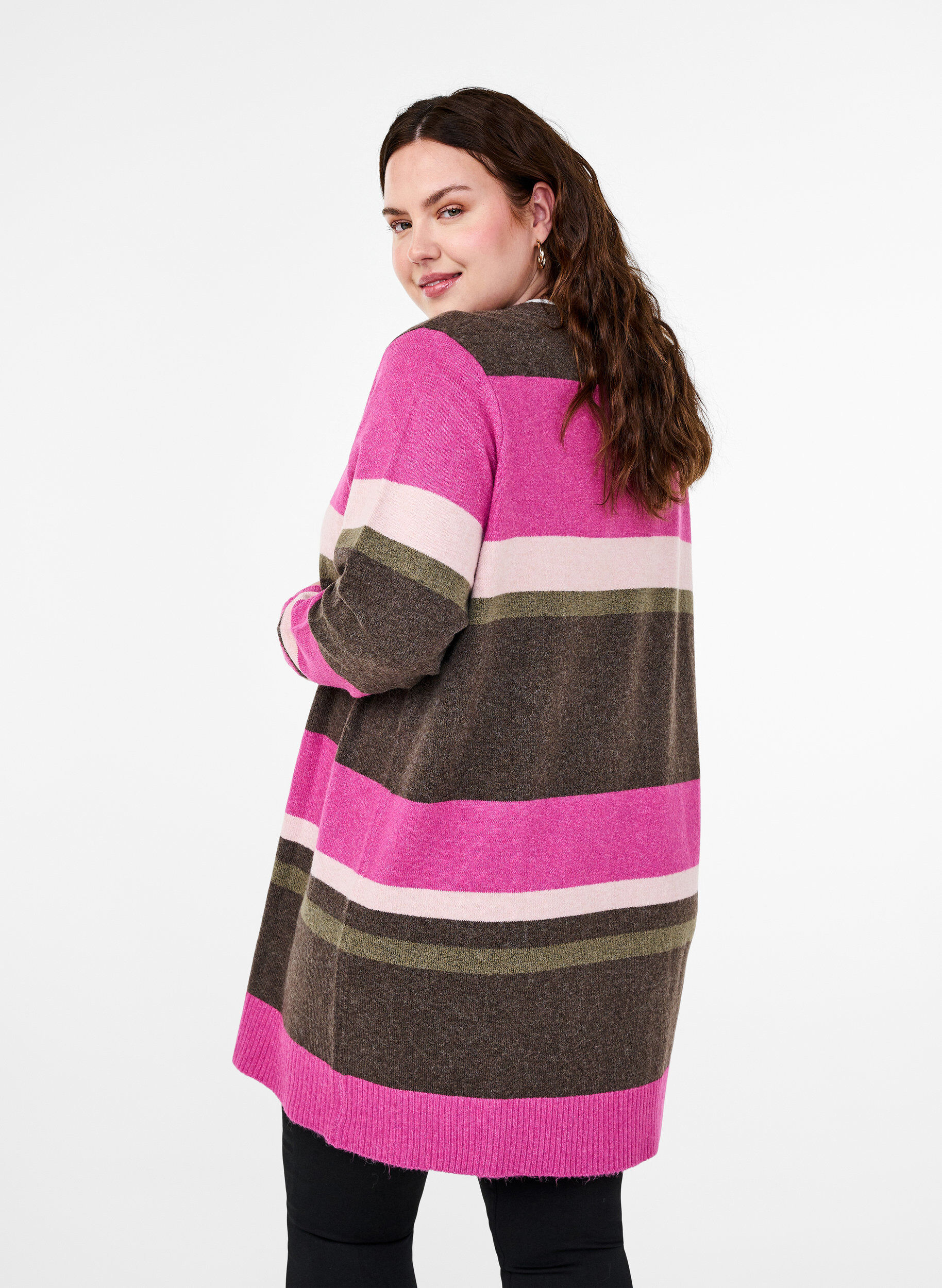 Zizzifashion Long knit cardigan with wide stripes, Pink, Model image number 2