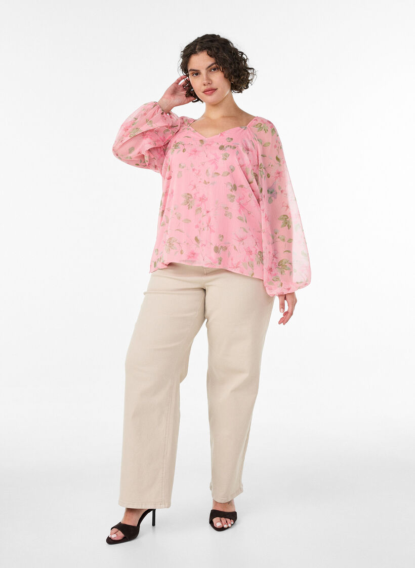 Chiffon blouse with floral print and long sleeves, Rose, Model image number 1