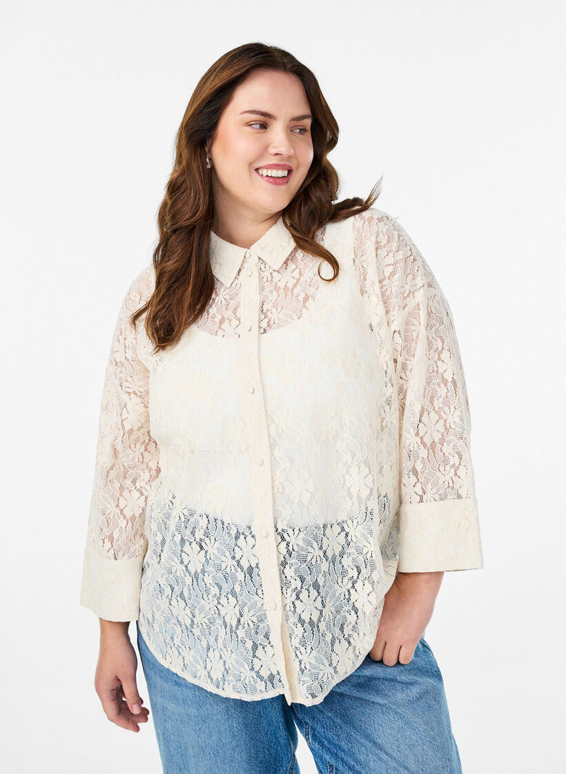 Lace shirt with 3/4 sleeves, Vanilla, Model image number 0