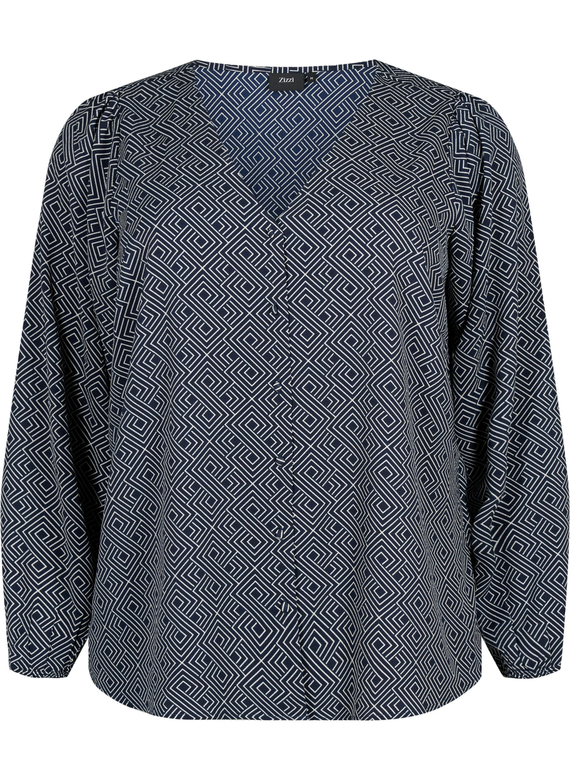 Zizzifashion Shirt blouse with a V-neck and print, Navy Graphic AOP, Packshot image number 0
