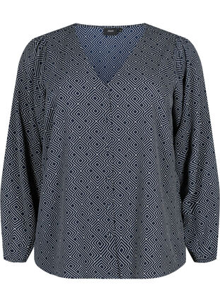 Shirt blouse with v-neck and print, Navy Graphic AOP, Packshot image number 0