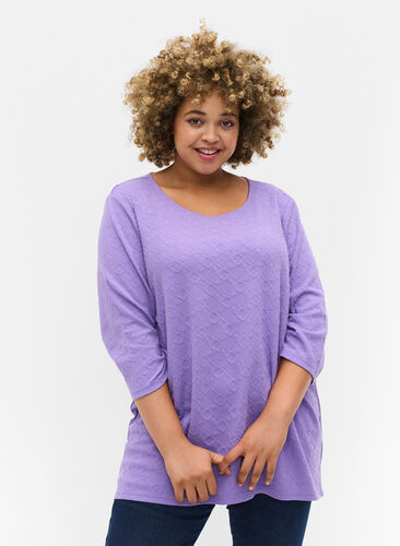 Long blouse with crew neck and 3/4 sleeves, Paisley Purple, Model image number 0