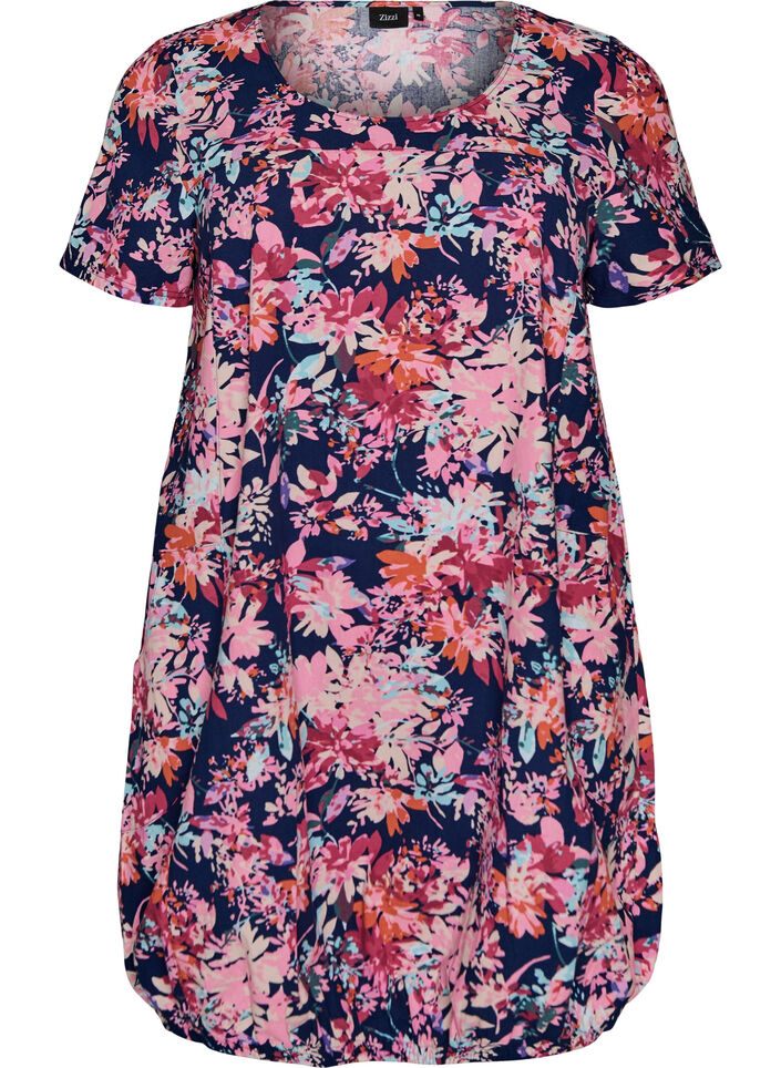 Short-sleeved cotton dress with print, Blue, Packshot image number 0