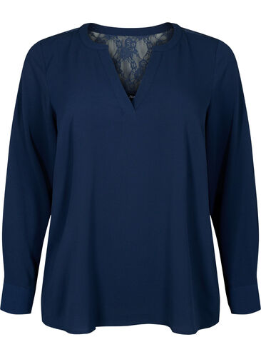 Long-sleeved blouse with lace detail , Navy Blazer, Packshot image number 0