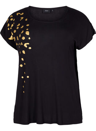 Short-sleeved viscose t-shirt with print, Black Gold , Packshot image number 0