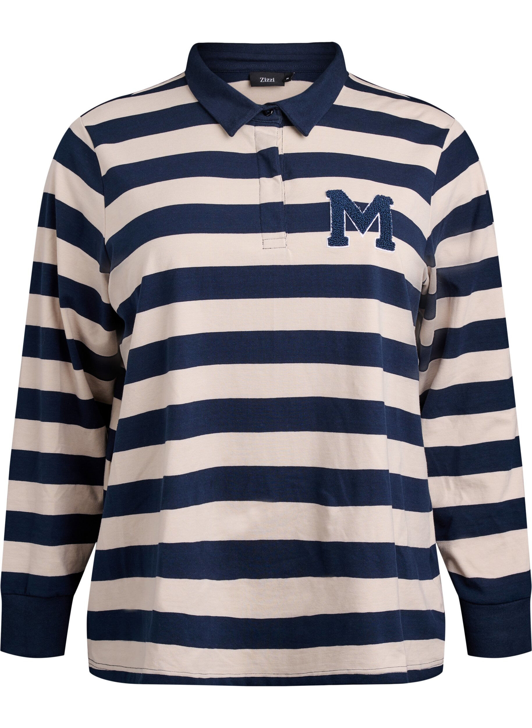 Zizzifashion Striped polo shirt with terry detailing, Birch w. Navy, Packshot image number 0
