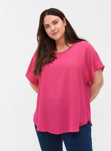 Blouse with short sleeves and a round neckline, Fuchsia Purple, Model image number 0