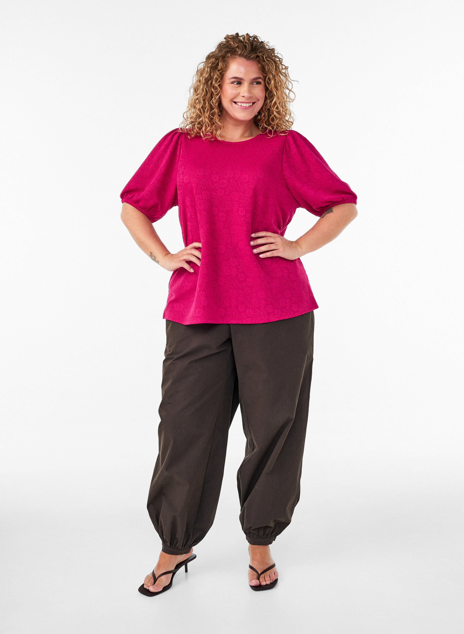 ZizzifashionBlouse with texture and short sleeves, Pink, Model image number 1