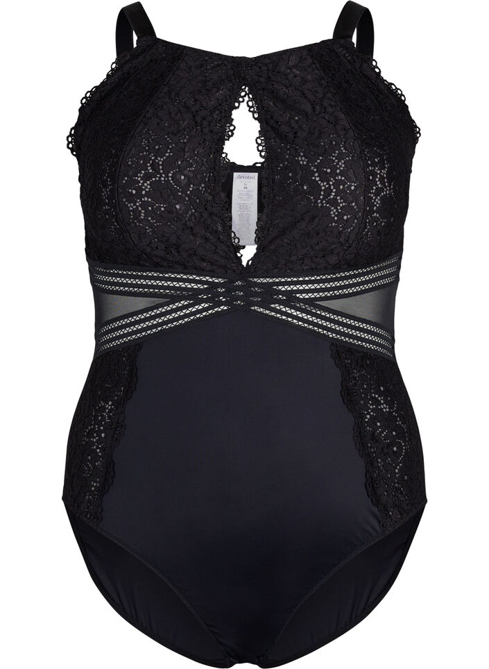 Bodystocking with lace and cut-outs, Black, Packshot image number 0