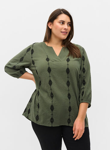 Blouse with pattern, v-neck and 3/4 sleeves, Thyme, Model image number 0